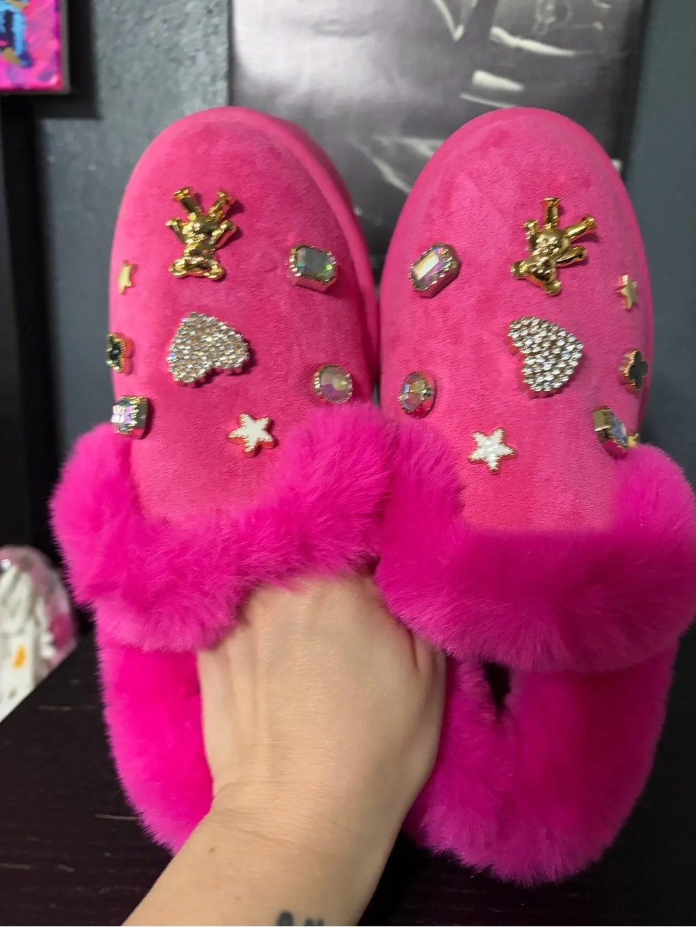 Hot Pink Platform Fur Slip-On Mules with Jewel Accents